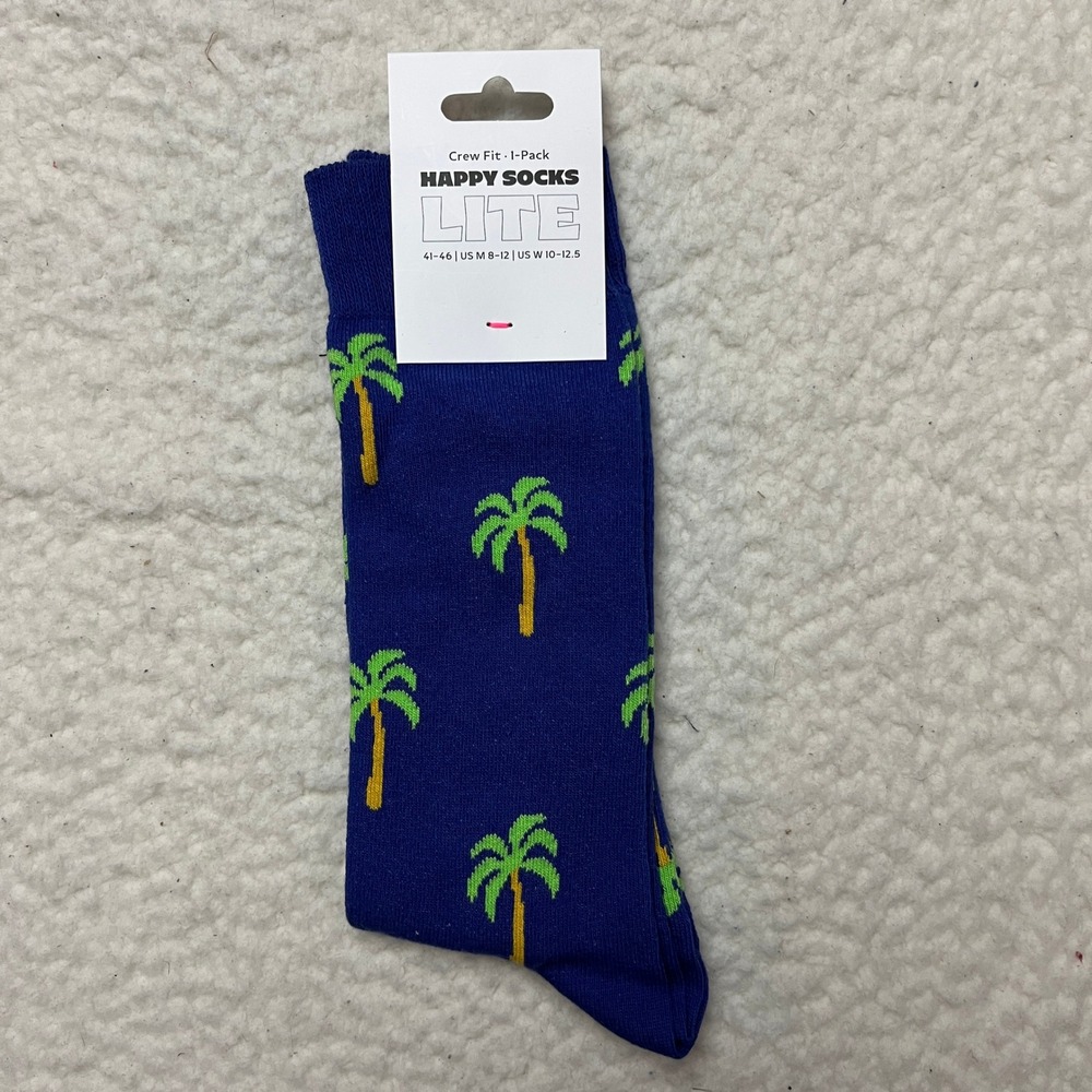 Happy Socks Crew Socks Unisex M 8-12 W 10-12.5 Blue Palm Tree Lite Novelty